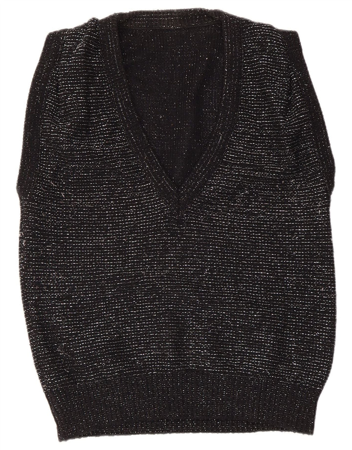 VINTAGE Damen Weste Tank Top EU 40/42 Medium Schwarz geflecktes Acryl