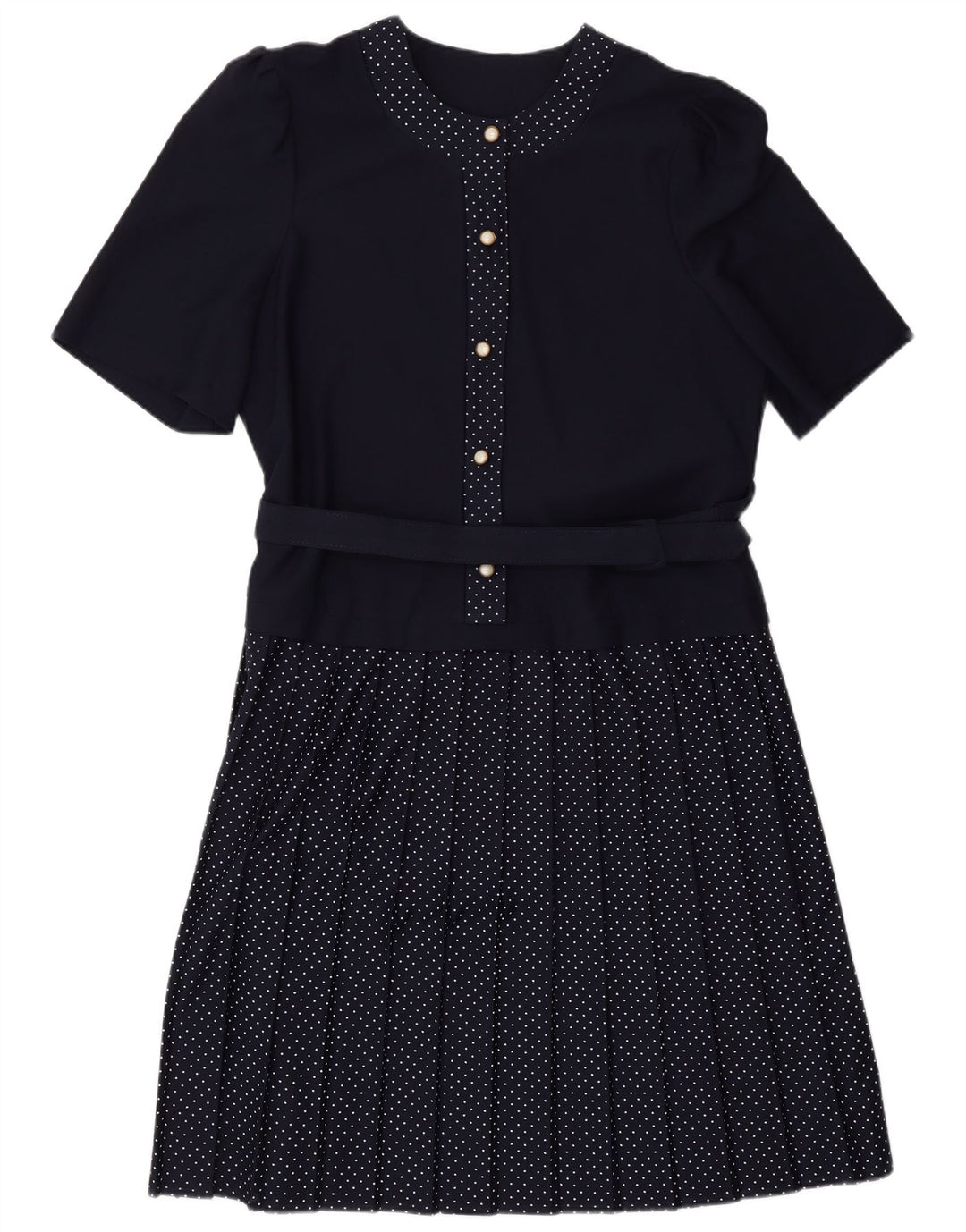 VINTAGE Damen A-Linien-Kleid UK 16 Großes marineblau gepunktetes Polyester