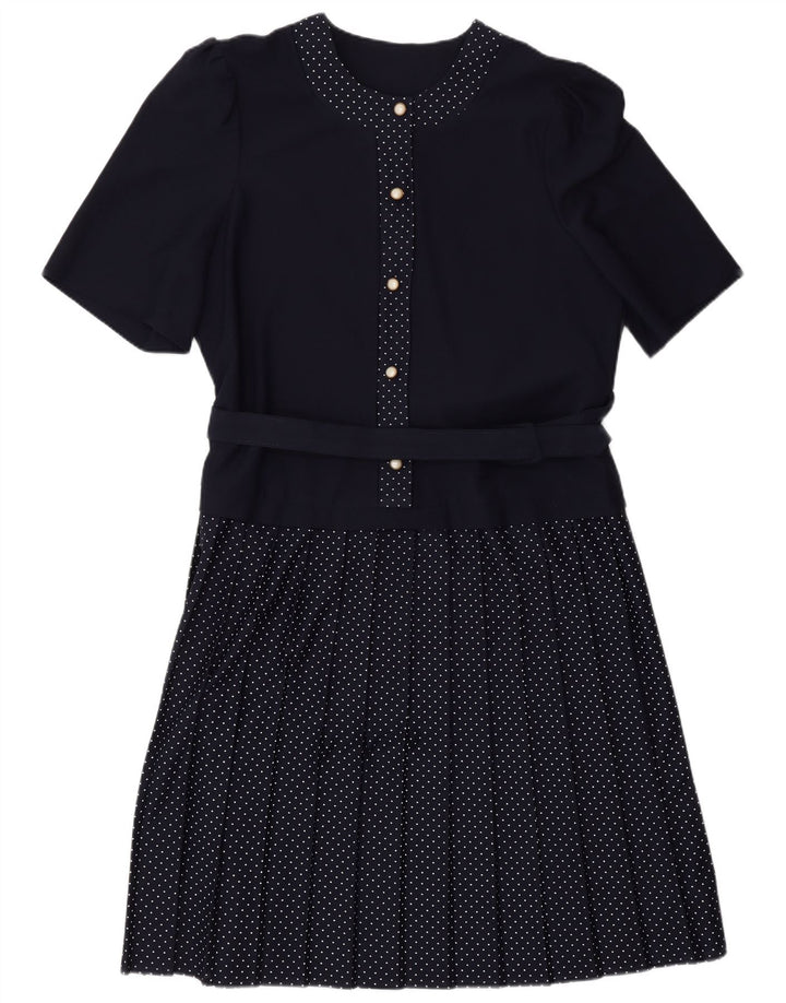 VINTAGE Damen A-Linien-Kleid UK 16 Großes marineblau gepunktetes Polyester