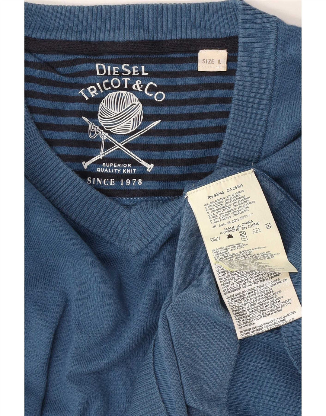 Diesel Herren-Pullover mit V-Ausschnitt, groß, aus blauer Baumwolle