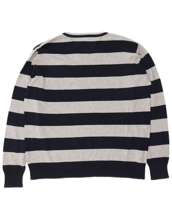 Tommy Hilfiger Mens V-Neck Jumper Sweater Medium Navy Blue Striped Cotton
