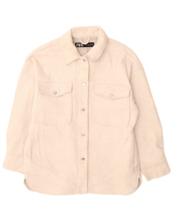 Zara Damen-Overshirt, übergroßes Hemd, UK 10, Größe S, cremefarbenes Polyester