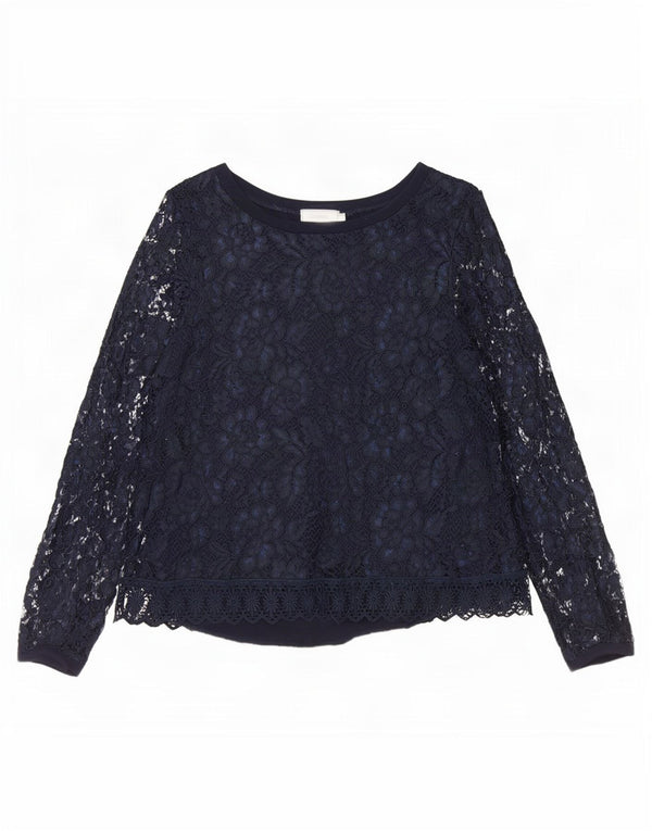 Vintage Damen Langarm-Spitzenbluse Top EU 40 Medium Navy Blue Floral