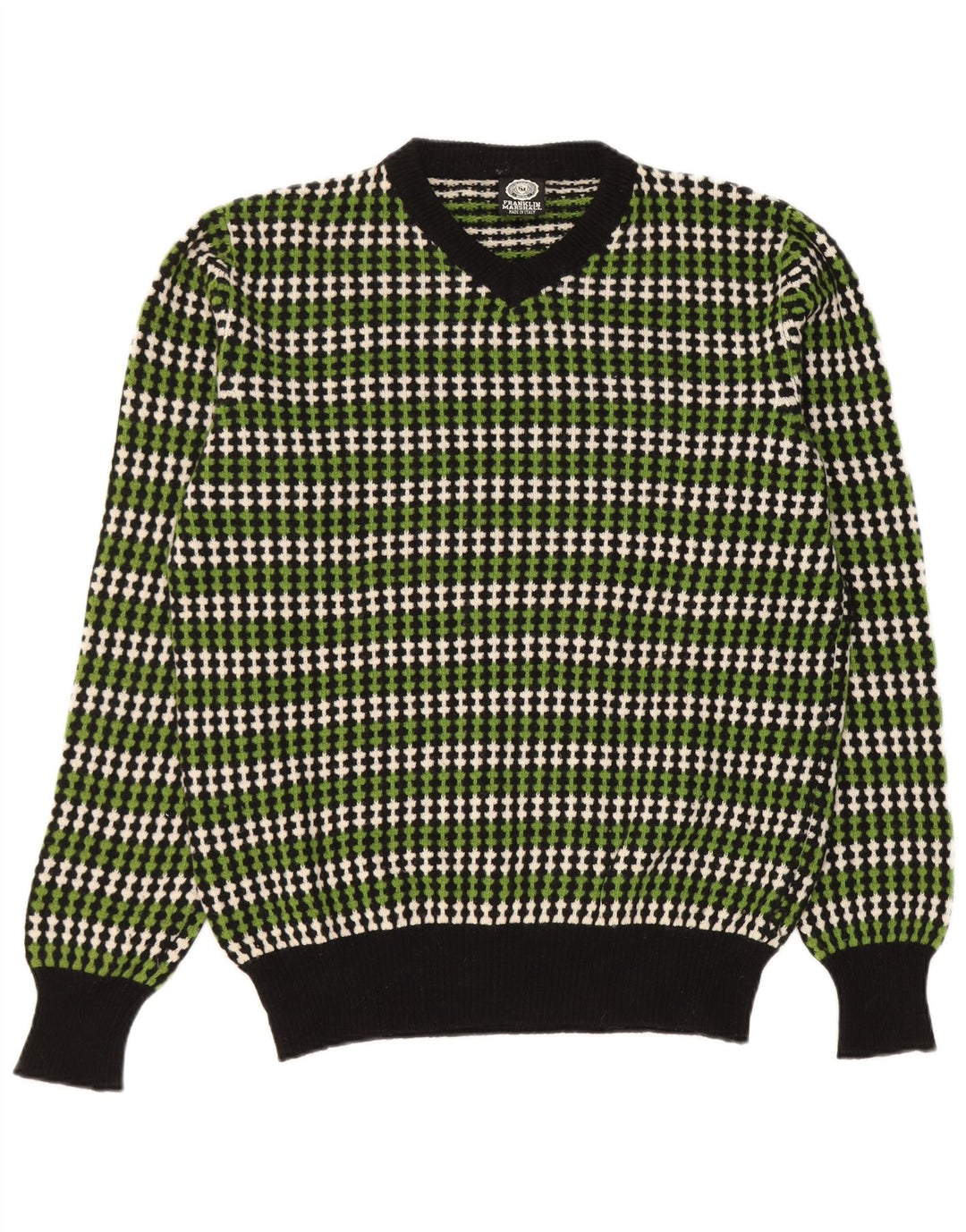 Franklin & Marshall Herren-Pullover mit V-Ausschnitt, groß, grün gestreift, Wolle