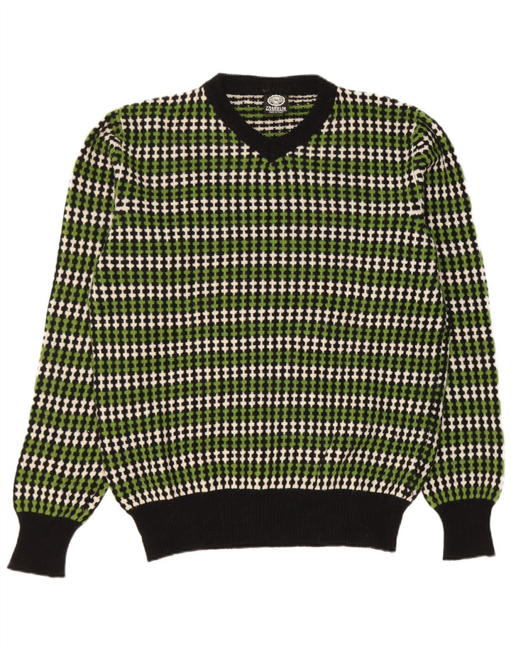 Franklin & Marshall Herren-Pullover mit V-Ausschnitt, groß, grün gestreift, Wolle