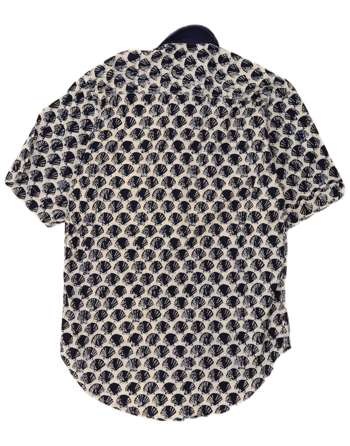 Vintage Herren-Kurzarmhemd mit abstraktem Muster, groß, marineblaue Baumwolle