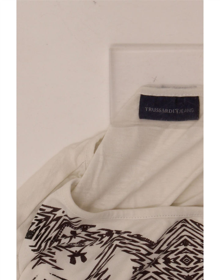 TRUSSARDI JEANS Damen Grafik-T-Shirt-Oberteil UK 14 Large Weiß Geometrisch