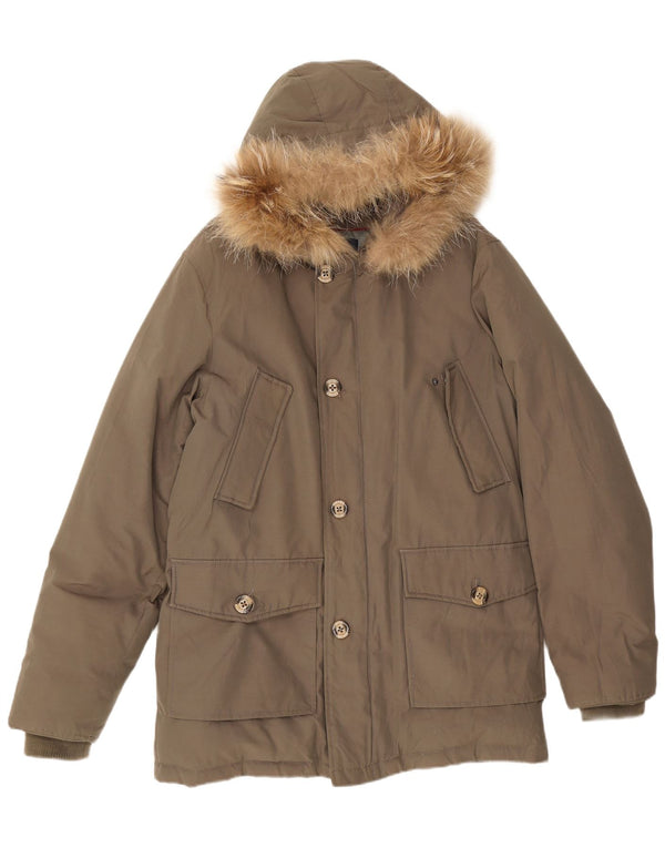 Kanadische Herren-Parkajacke mit Kapuze, UK 40, große Khaki-Baumwolle