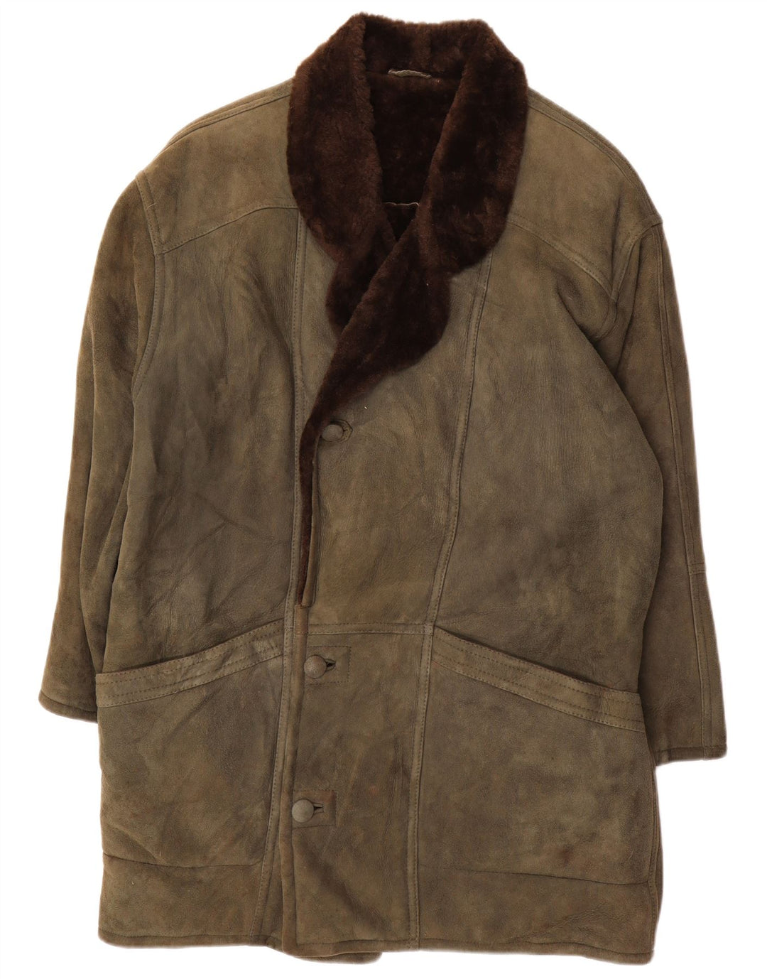 VINTAGE Herren Loose Fit Shearling Overcoat UK 36 Small Khaki
