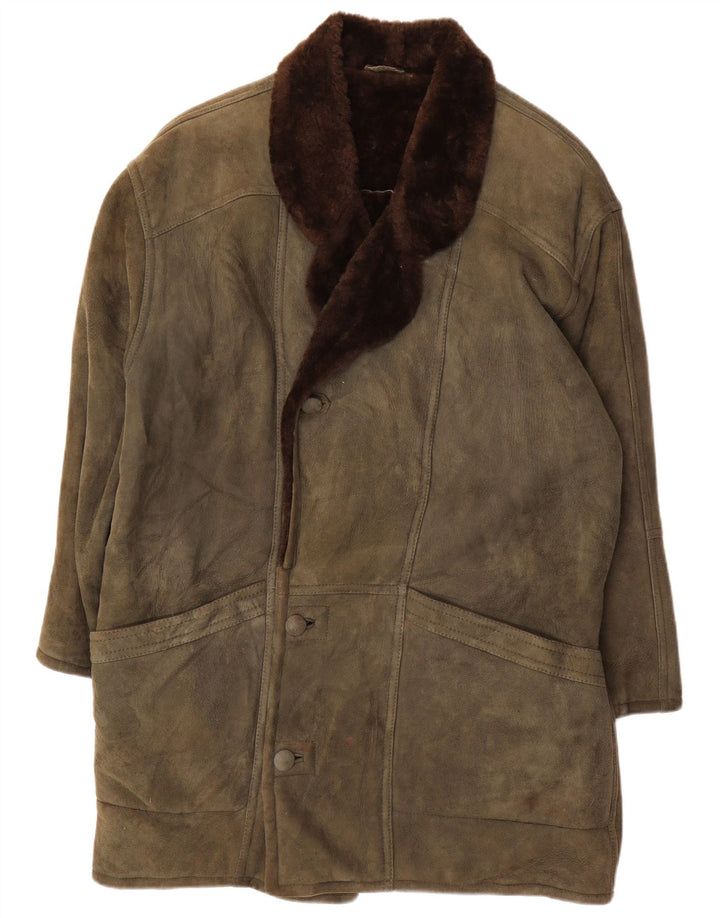 VINTAGE Herren Loose Fit Shearling Overcoat UK 36 Small Khaki