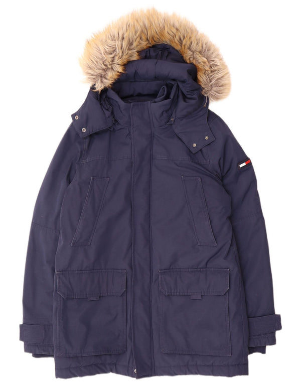Tommy Hilfiger Mens Hooded Parka Jacket UK 38 Medium Navy Blue Polyester