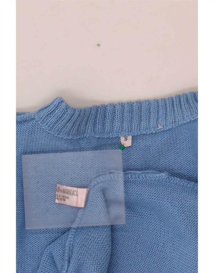 Vintage Herren Pullover mit Rundhalsausschnitt, kleine blaue geometrische Wolle