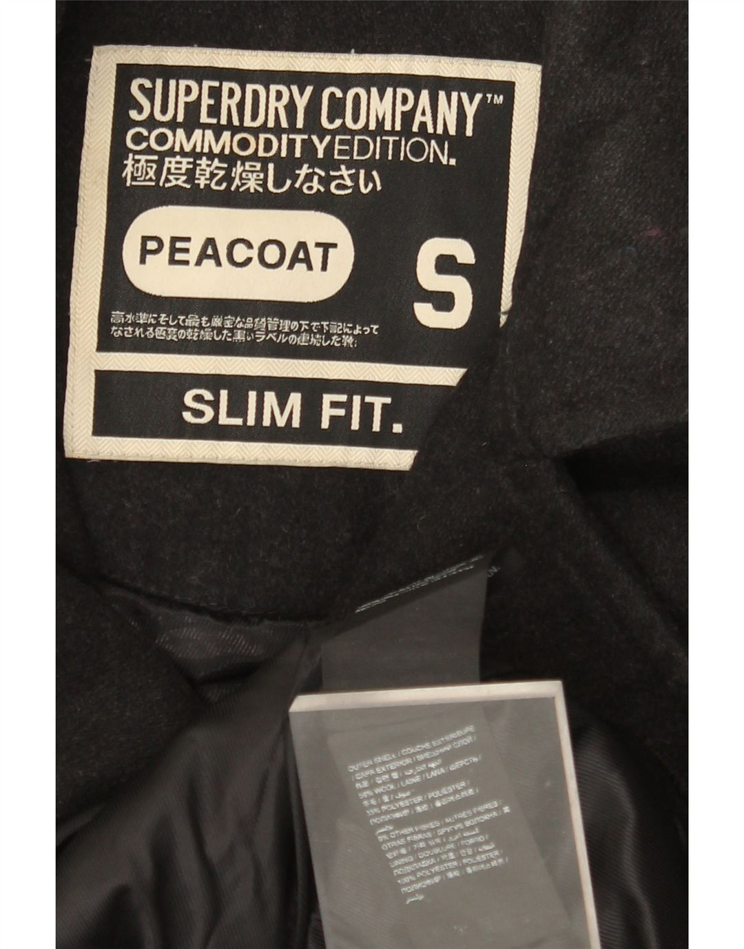 SUPERDRY Herren Slim Fit Pea Coat UK 36 Small Schwarze Wolle