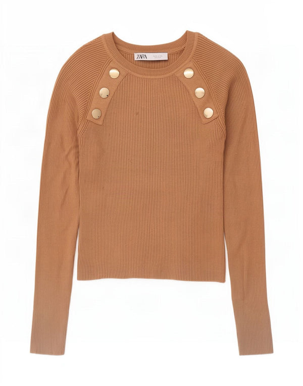 Zara Damen Crop Crew Neck Pullover Pullover UK 12 Mittelbeige Viskose