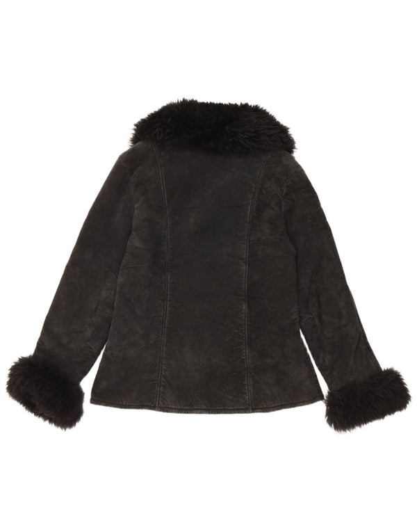 Vintage Damen Sherpa Wildlederjacke UK 10 Kleines schwarzes Leder