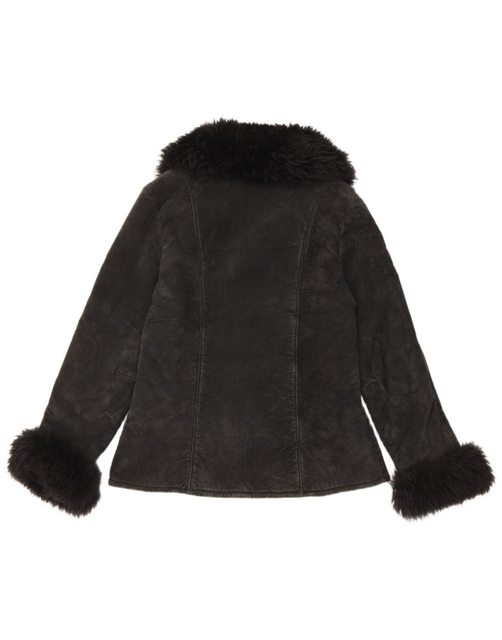 Vintage Damen Sherpa Wildlederjacke UK 10 Kleines schwarzes Leder