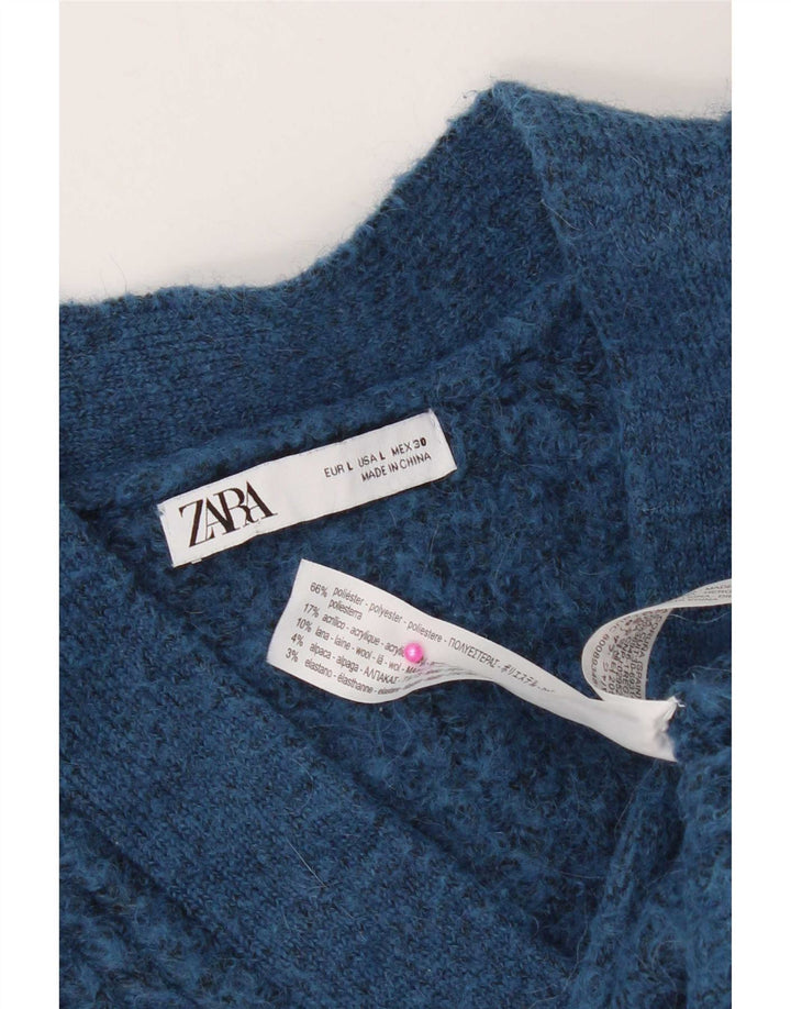 Zara Damen Crop Oversized Cardigan Pullover UK 16 Large Blau Polyester