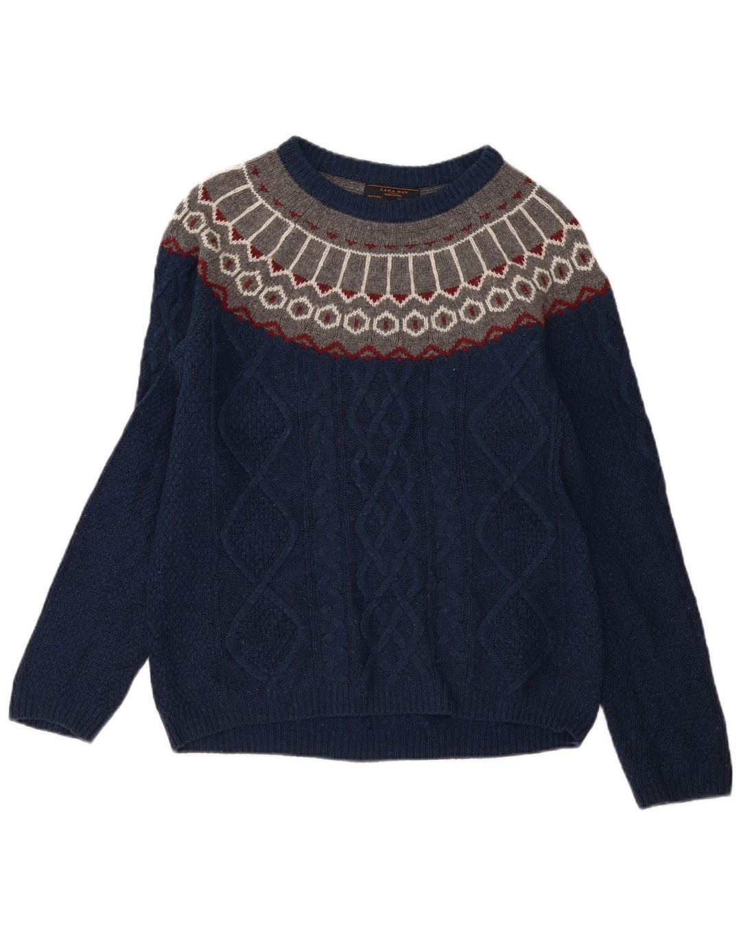 Zara Herren-Pullover mit U-Boot-Ausschnitt, mittleres Marineblau, Fair Isle-Muster