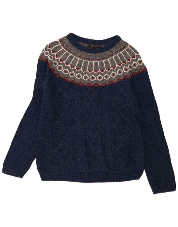 Zara Herren-Pullover mit U-Boot-Ausschnitt, mittleres Marineblau, Fair Isle-Muster