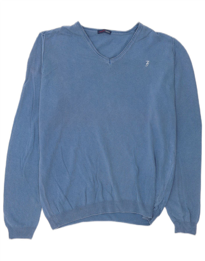Trussardi Jeans Herren-Pullover mit V-Ausschnitt aus mittelblauer Baumwolle
