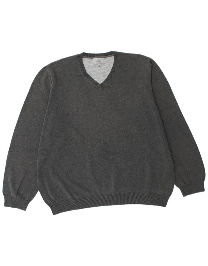 Marks & Spencer Herren-Pullover mit normaler Passform, V-Ausschnitt, 2XL, graue Baumwolle