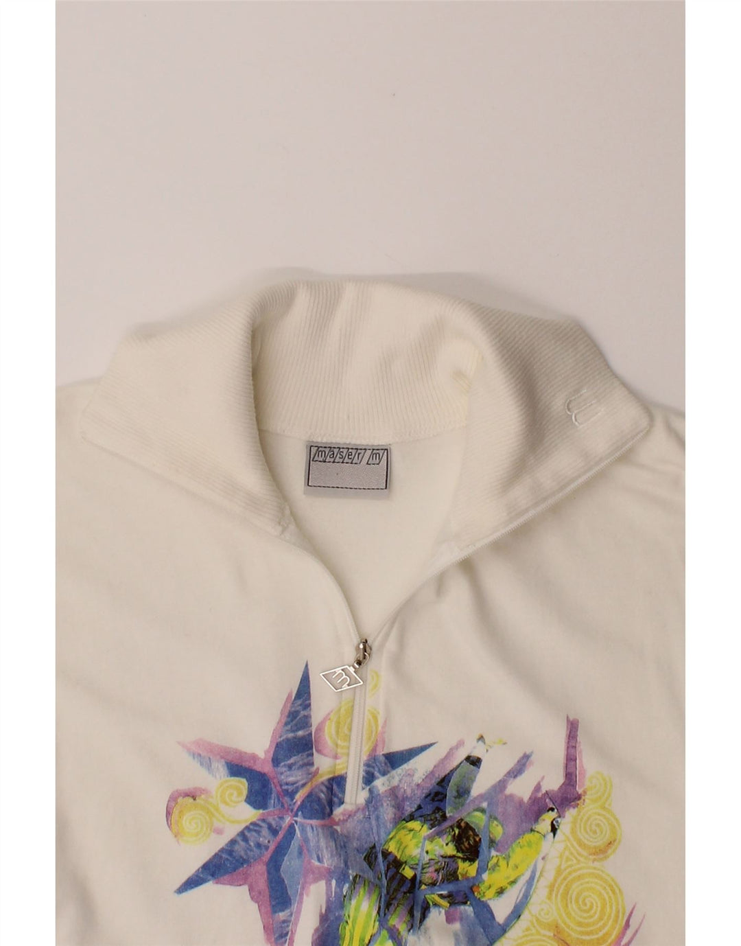 MASER M Womens Graphic Sweatshirt Jumper UK 12 Medium White Cotton Vintage Maser M and Second-Hand Maser M from Messina Hembry 