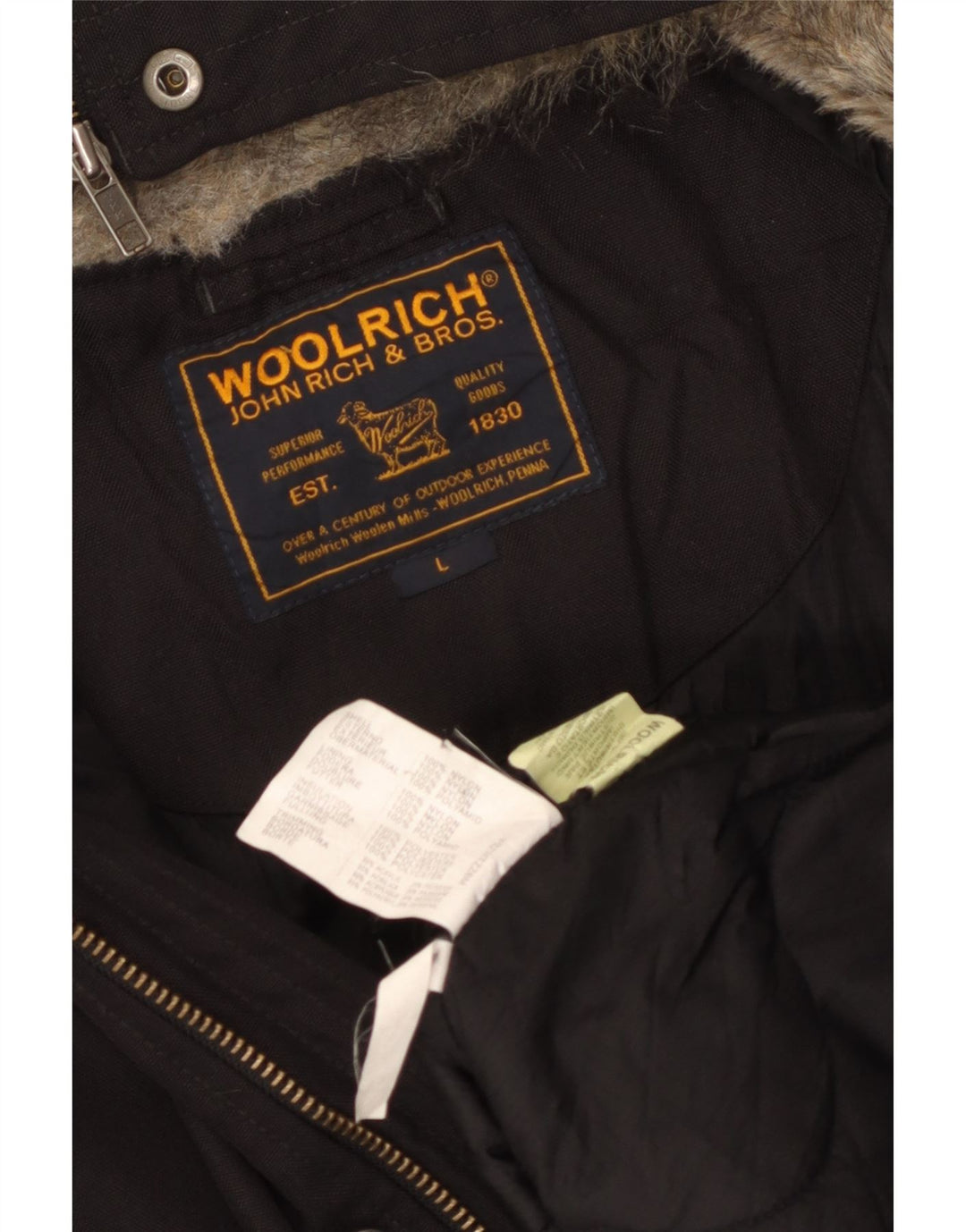 Woolrich Herren-Bomberjacke mit Kapuze, UK 40, großes schwarzes Nylon