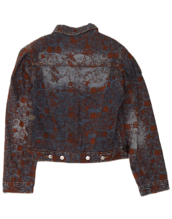 Seven 7 Damen Crop Graphic Jeansjacke UK 14 Große blaue Blumen-Baumwolle