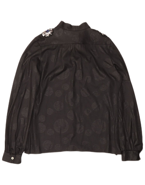 Vintage Damen-Hemdbluse mit Vorderkrawatte, Größe 46, groß, schwarz gepunktet