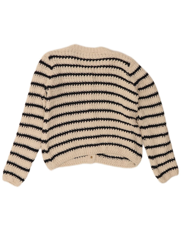Zara Damen Crop Cardigan Pullover UK 14 Medium Off White Gestreifte Baumwolle