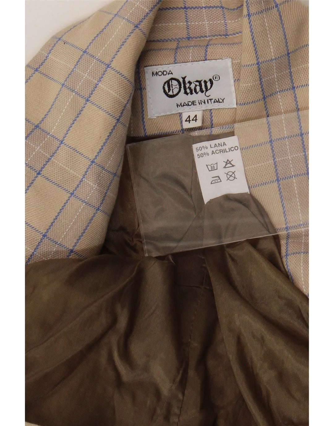 Okay Damen-Blazer mit 2 Knöpfen, IT 44, mittelbeige karierte Wolle