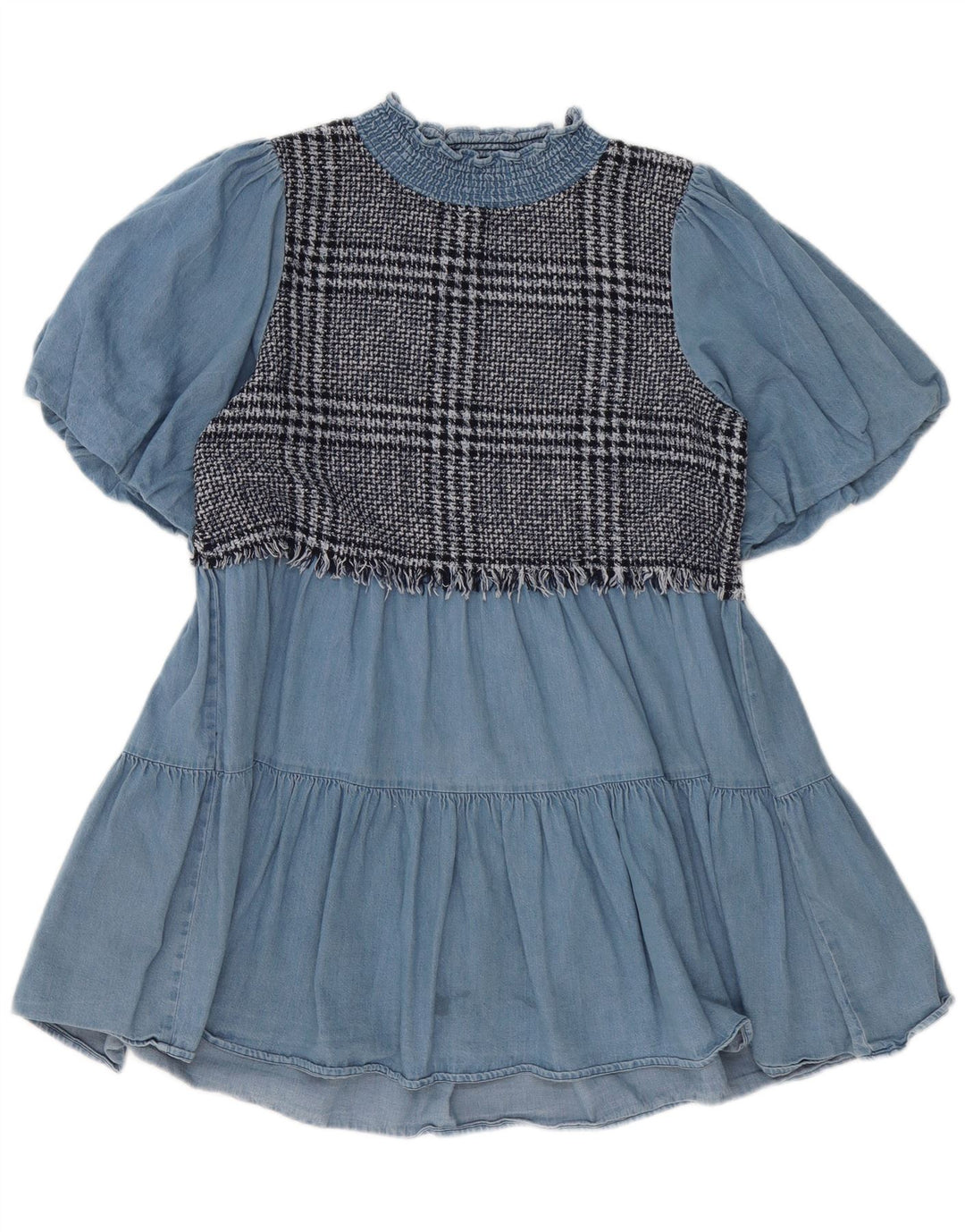 Zara Damen-Stufenkleid UK 10 Small Blue Check Cotton