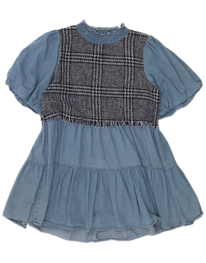 Zara Damen-Stufenkleid UK 10 Small Blue Check Cotton