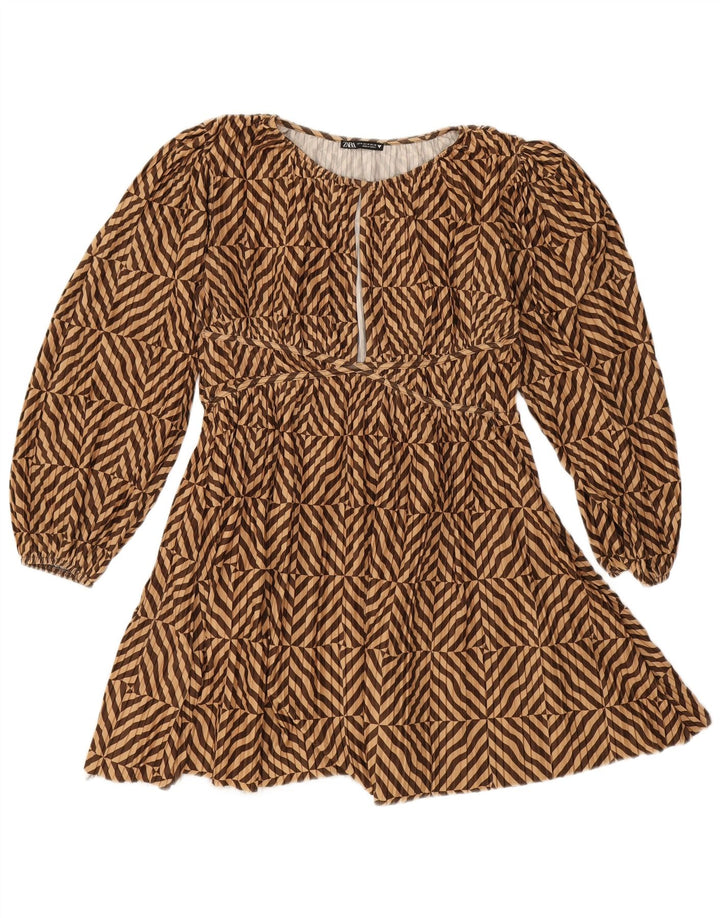 Zara Damen-Langarmkleid in A-Linie, UK 14, Mittelbraun gestreift, Polyester