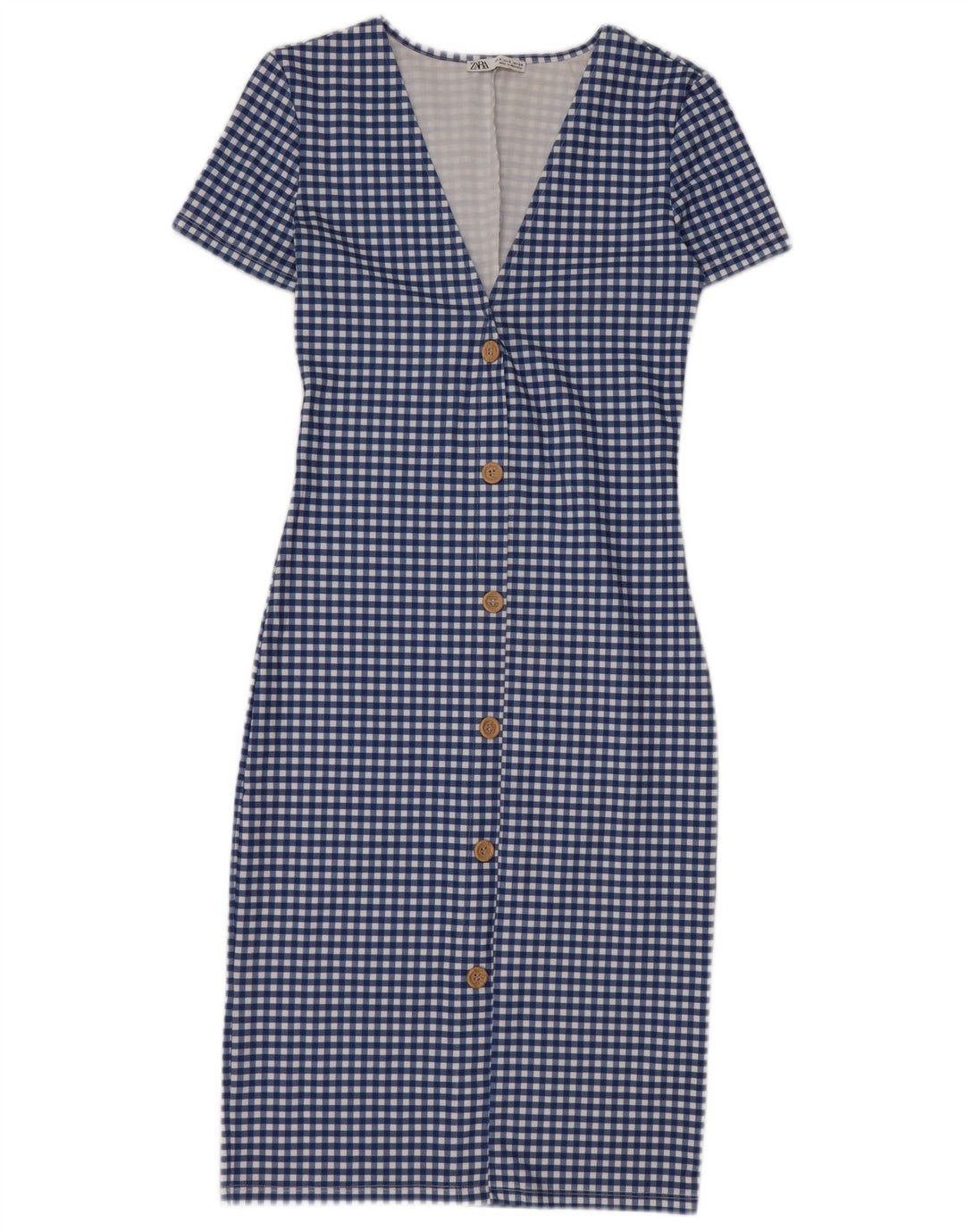 Zara Damen, figurbetontes Kleid, Größe S, Blau, Gingham-Polyester, Gr. 8