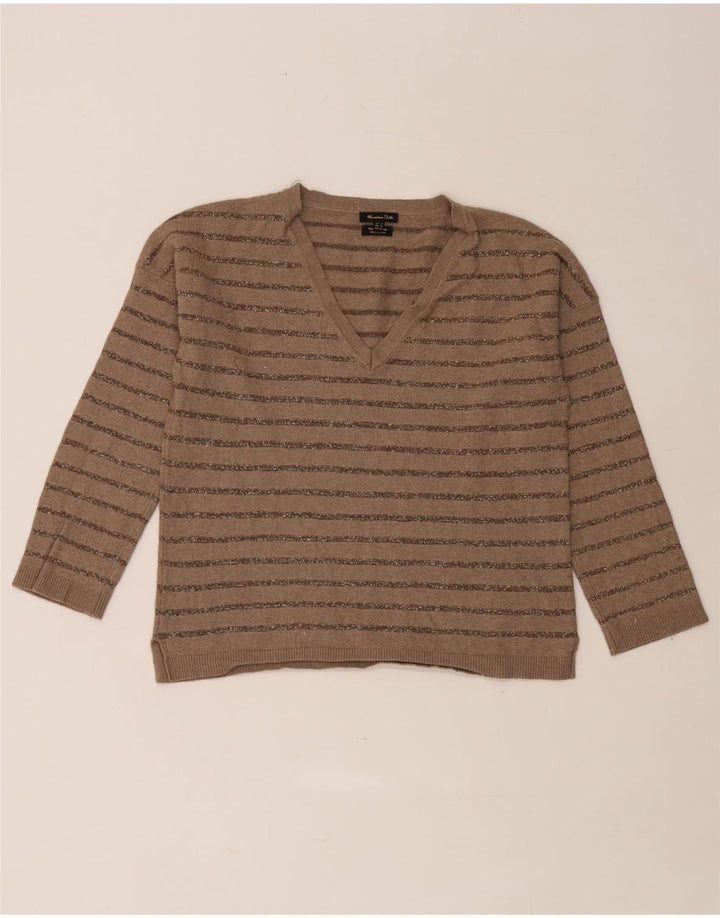Massimo Dutti Damen-Pullover mit V-Ausschnitt, Gr. 10, klein, braun gestreift