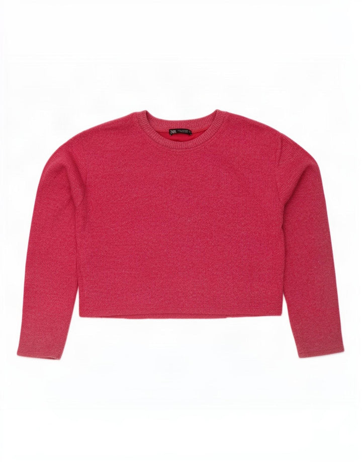 Zara Damen Crop Oversized Top Langarm UK 10 Small Rosa Baumwolle