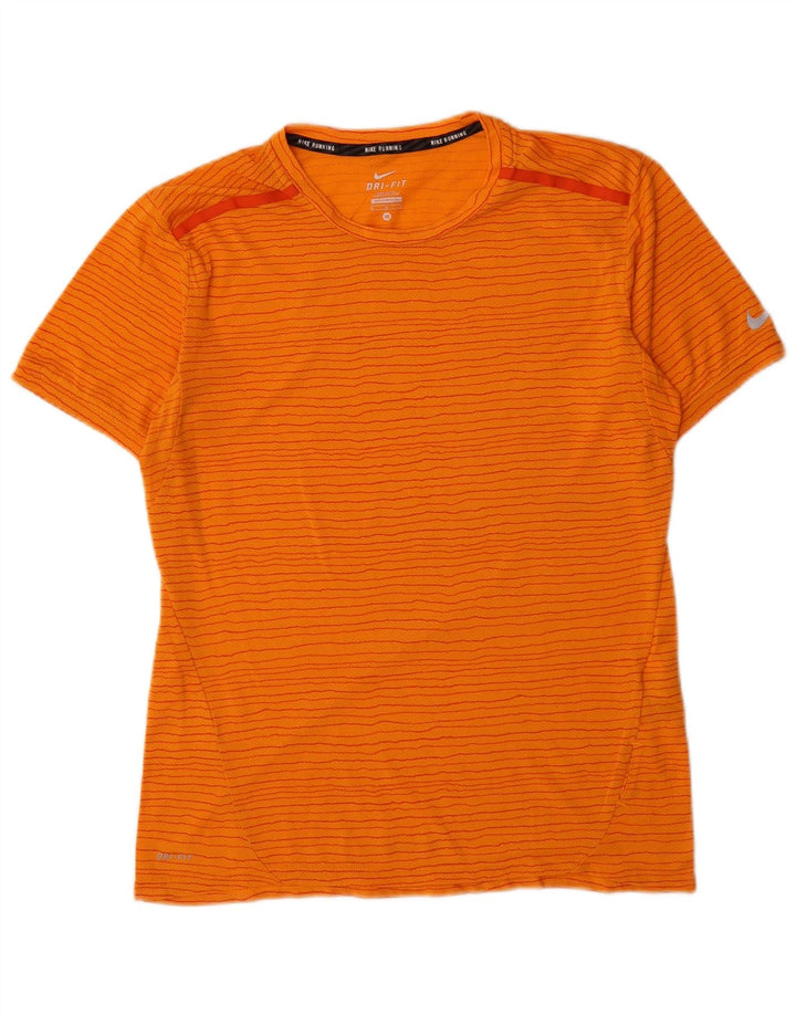 Nike Herren Dri Fit T-Shirt-Oberteil aus mittelorangefarbenem Nadelstreifen-Polyester