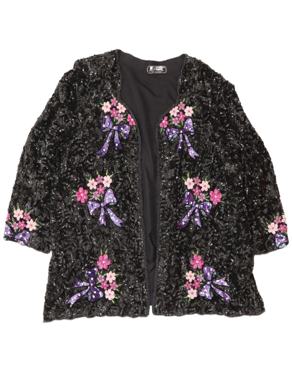 Vintage Damen Pailletten Cardigan Top UK 24 4XL Schwarz geblümte Seide