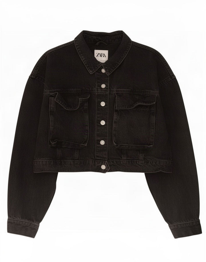Zara Damen Crop Denim Jacke UK 16 Large Schwarze Baumwolle