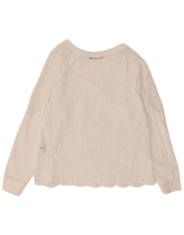 Desigual Damen-Spitzenoberteil mit langen Ärmeln, UK-Größe 46, Größe L, weiße, geblümte Baumwolle