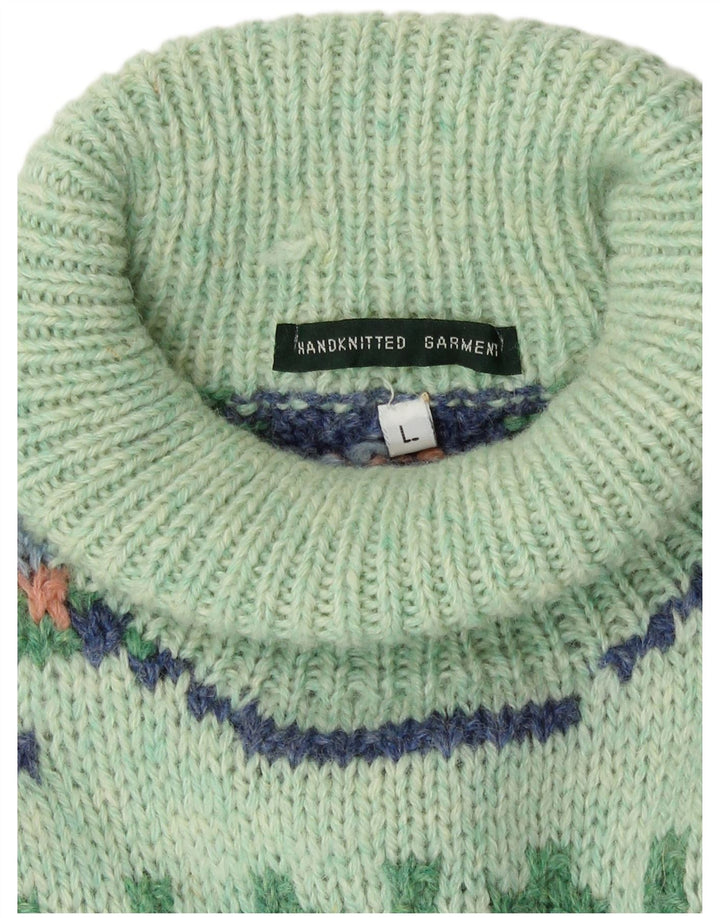 Vintage Damen Handgefertigter Rollkragenpullover UK 16 Large Green Aztec