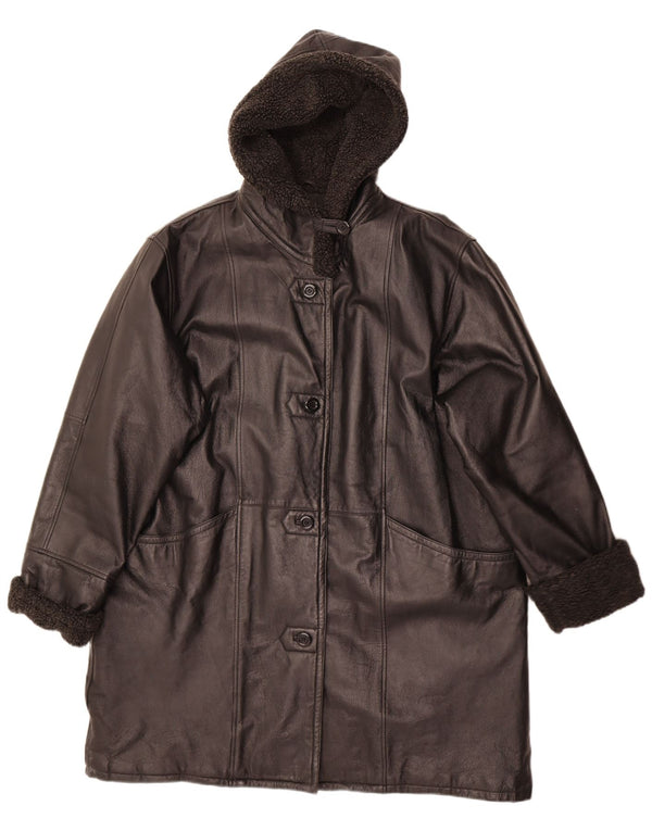 Modern Classics Damen-Ledermantel mit Kapuze, UK 22 3XL, schwarzes Leder