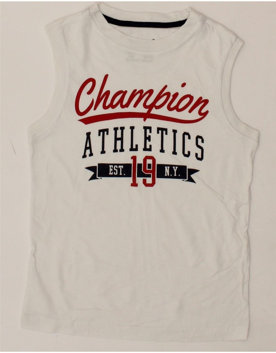 CHAMPION Boys Graphic Vest Top 7-8 Years Small White Cotton Vintage Champion and Second-Hand Champion from Messina Hembry 