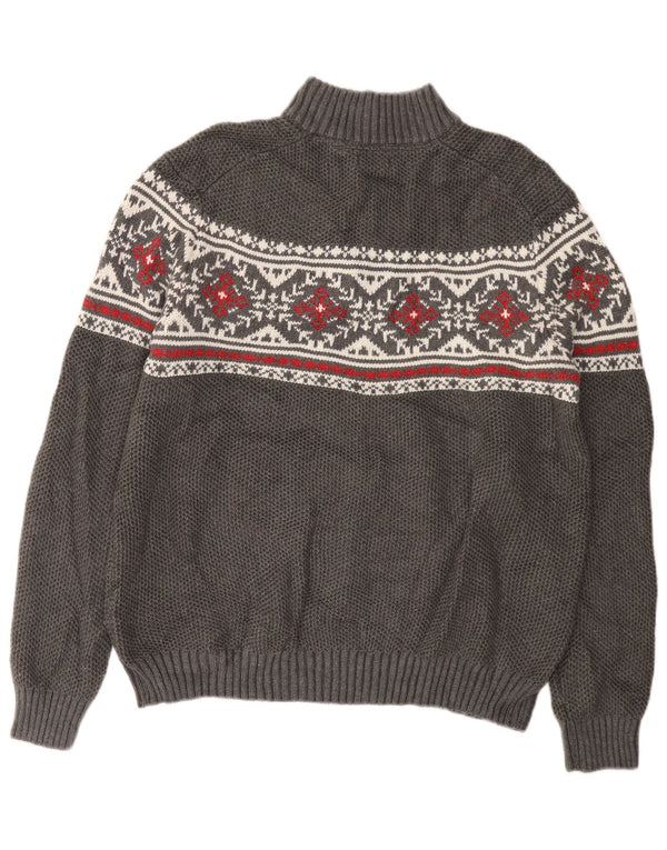 Izod Mens Zip Neck Jumper Sweater XL Grey Fair Isle Cotton