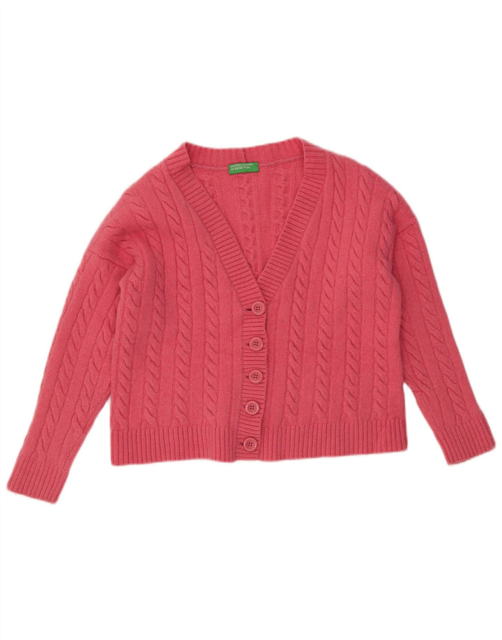 BENETTON Damen Crop Cardigan Pullover UK 14 Mittelrosa Wolle