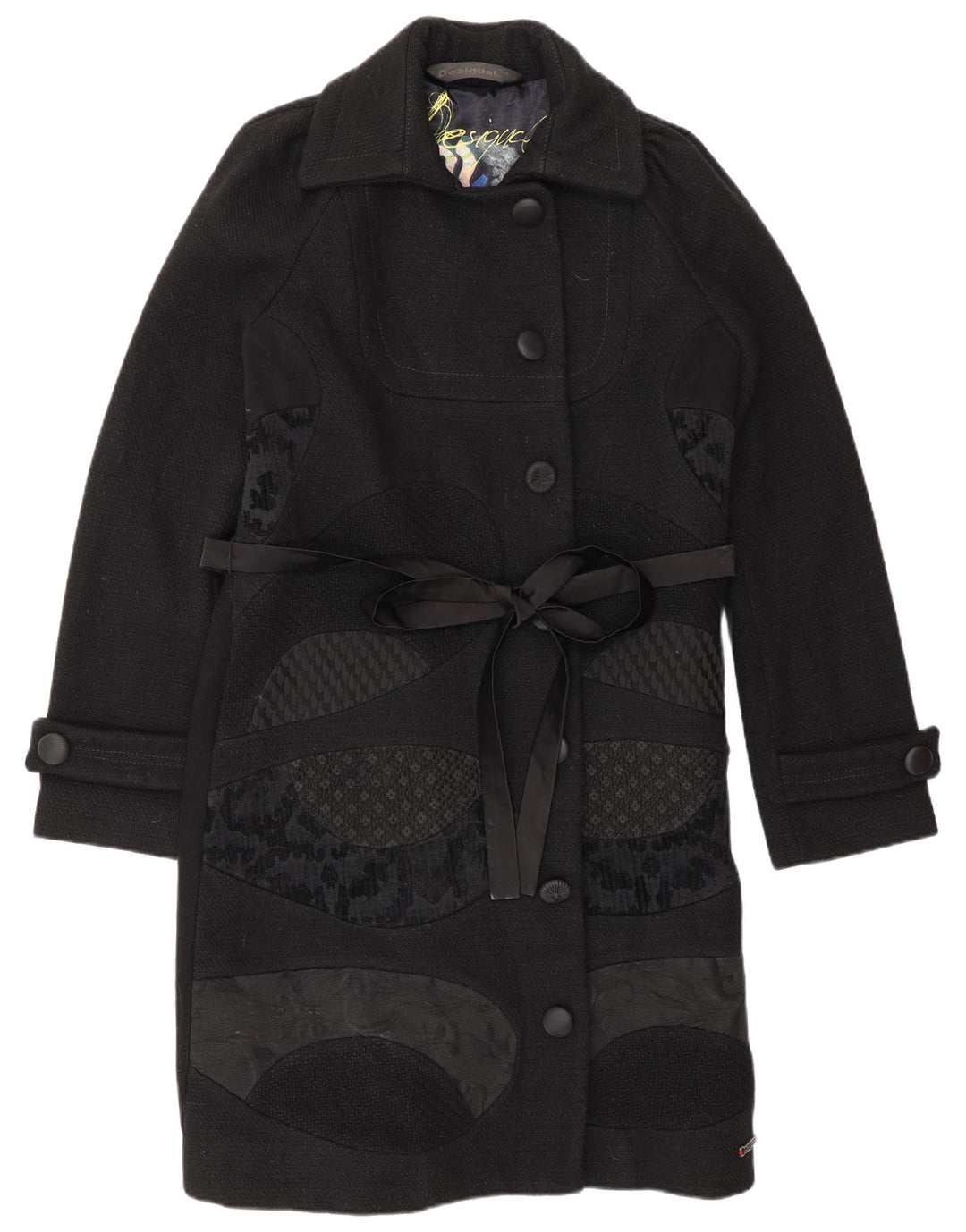 Desigual Damenmantel EU 44 XL Schwarze geblümte Wolle