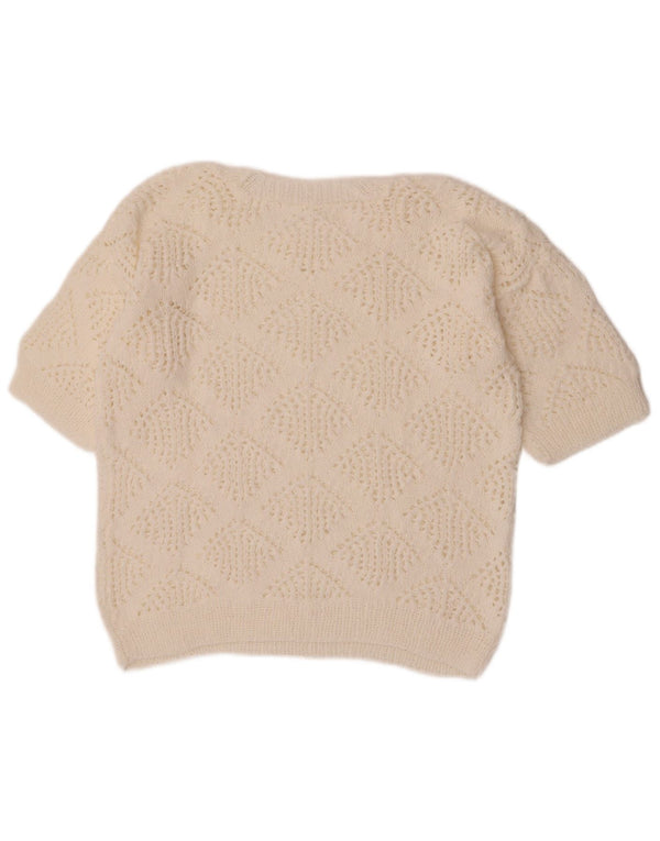 Vintage Damen Crop Rundhalspullover Pullover UK 14 Mittelweiß
