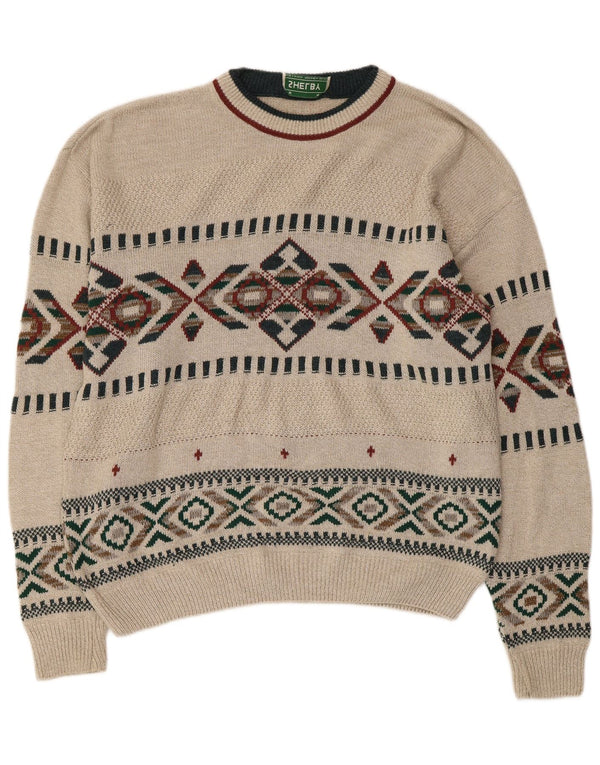 VINTAGE Herren Pullover mit Rundhalsausschnitt Mittelbeige Fair Isle