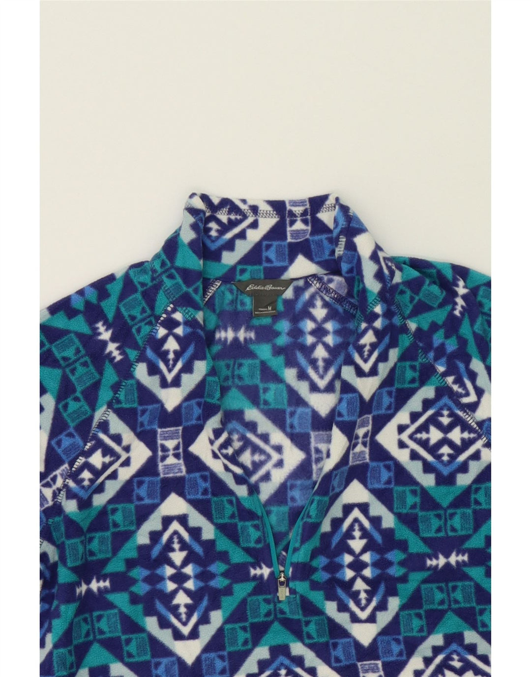 EDDIE BAUER Womens Zip Neck Fleece Jumper UK 14 Medium Blue Geometric Vintage Eddie Bauer and Second-Hand Eddie Bauer from Messina Hembry 